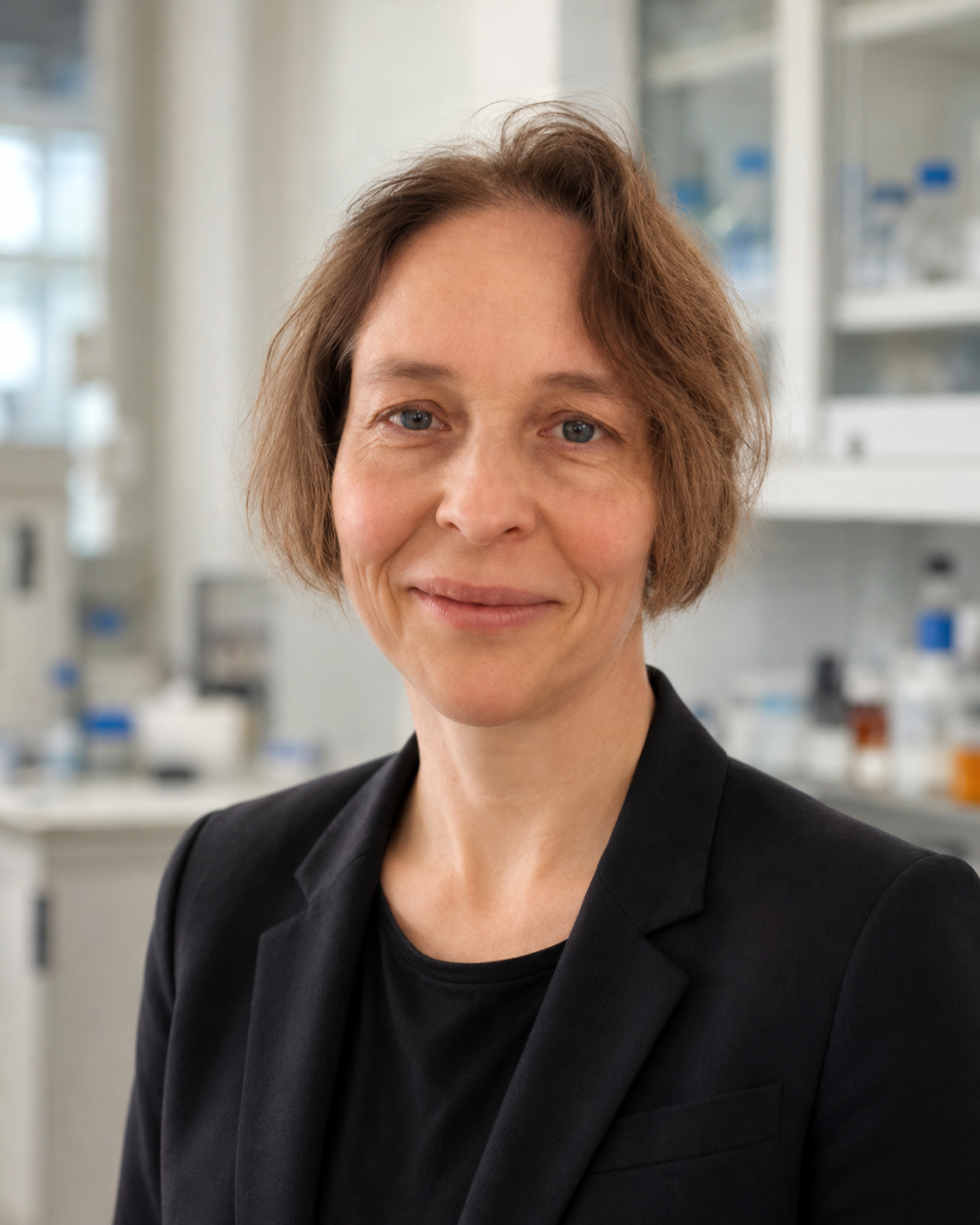 Portrait of Szilvia Vas, a white woman with short brown bobbed hair and dark jacket smiling in front of bottles in a laboratory