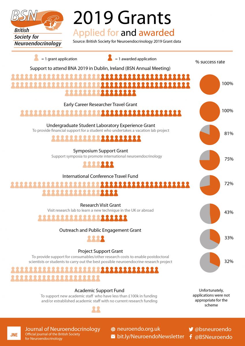 Infographic using people icons and pie charts to show how many applications were received and how many grants given for each of the BSN grants along with the success rate